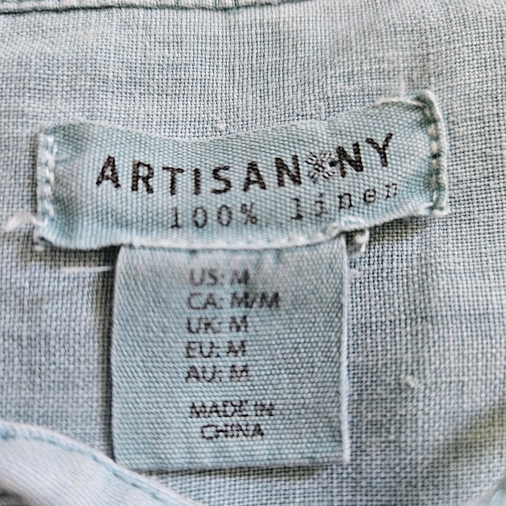 Artisan NY 100% linen blue blouse lace up front coastal Lagenlook size M - Picture 2 of 8